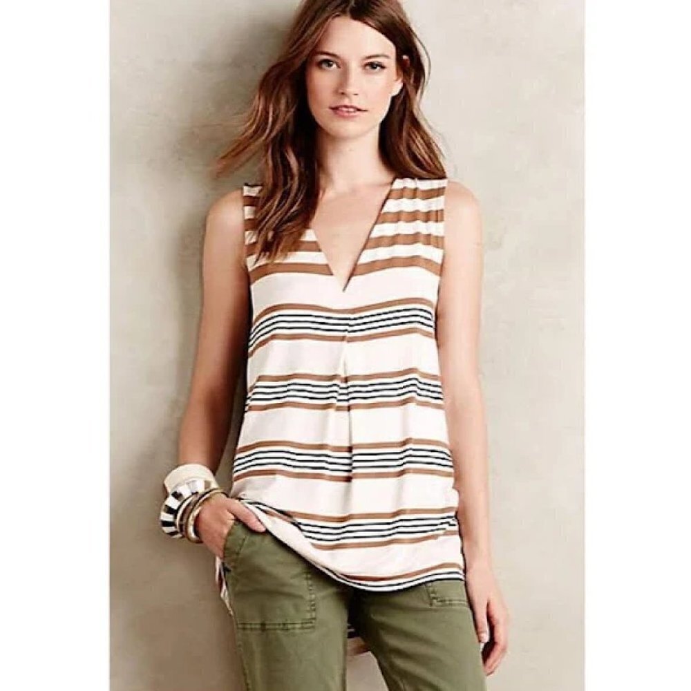 ANTHROPOLOGIE Deletta Brown Cream Striped V-Neck Sleeveless Tank Top Size Small